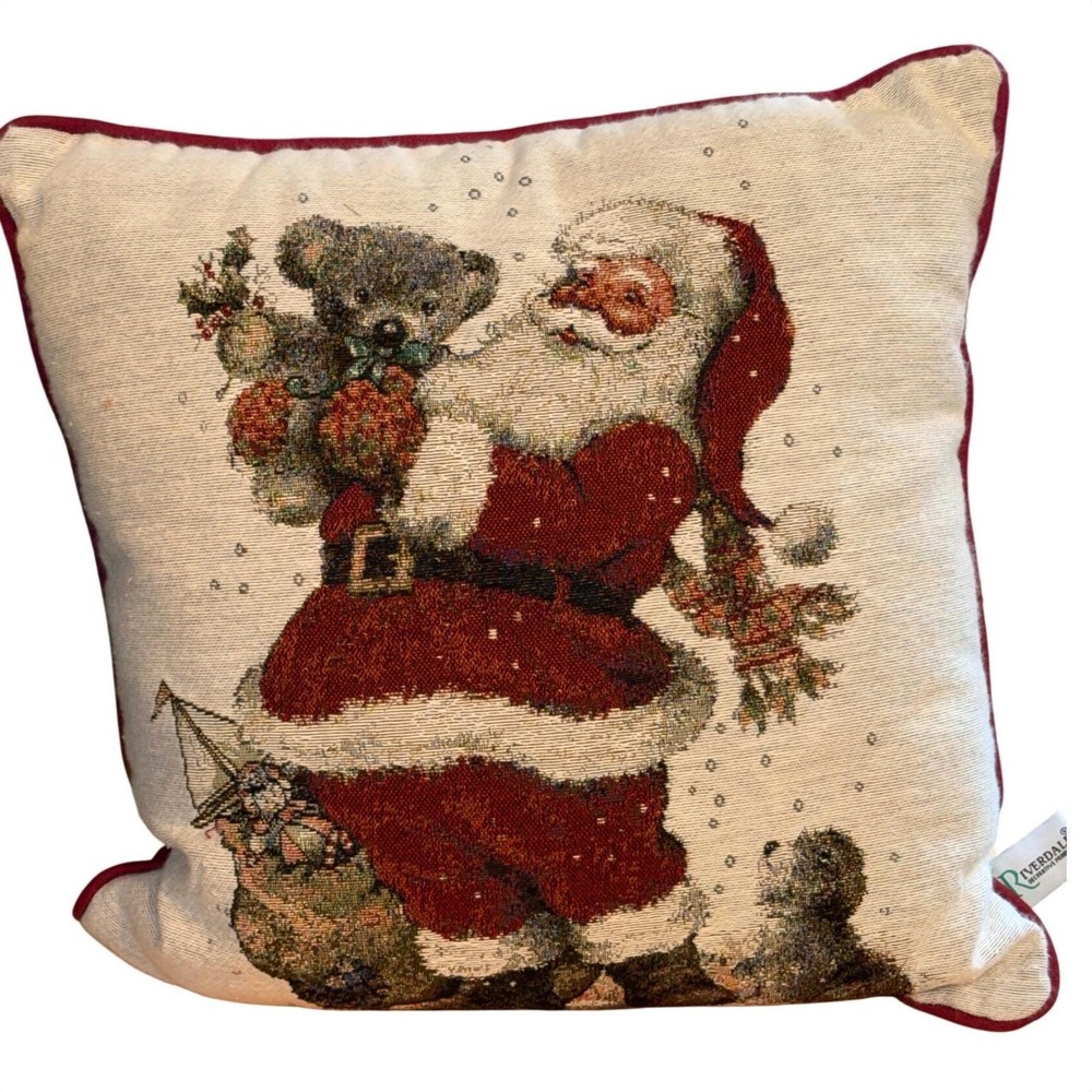Riverdale Vintage Santa Teddy Bear Tapestry Pillow 16x16 Christmas Decor Holiday
